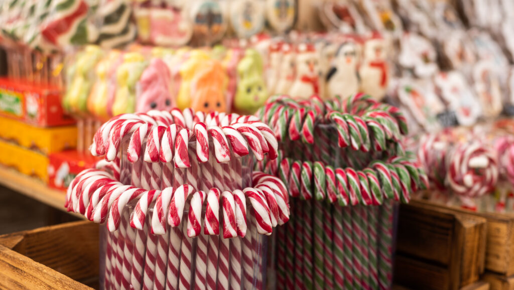 Gingerbreads, candies and nuts displayed on a Christmas market.